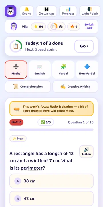 The practice screen: a maths question with five answers to choose from, Mia's stars and the subject tabs.
